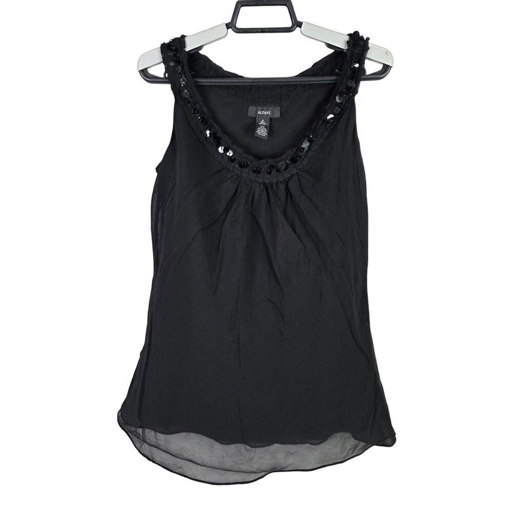 Womens Alfani Black 100% Silk Tank Top Sequin Round Neck Sleeveless Size 4